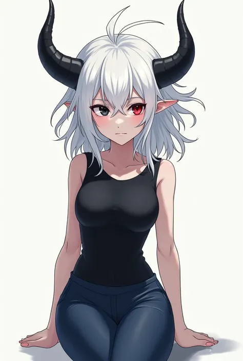 A white woman with wild white hair who has two horns on her head that form a crown with eyes split in half, one half is black and the other is red, she is dressed in a black sleeveless shirt along with dark blue pants, she is barefoot and has a wild appear...