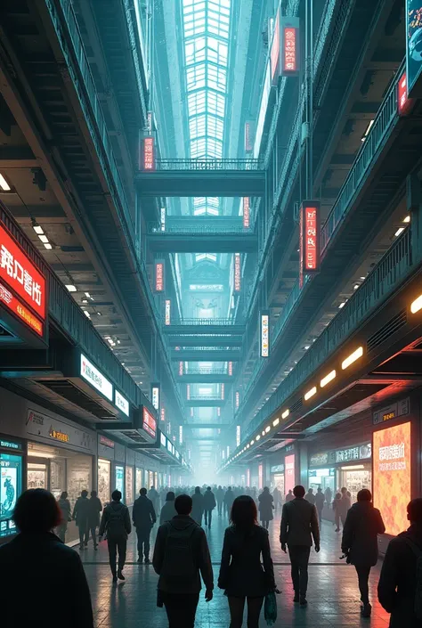 Cyberpunk-style Sendai Station in the year 2250