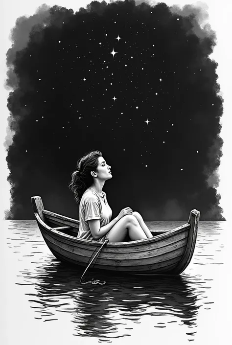 Create a black and white tattoo (medium sized) in which there is a person (woman) inside a small boat in the ocean, seeing the immensity of stars in the sky
 
