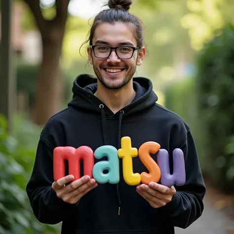 5d manipulation, man with glasses wearing black hoodie, man bun, holding colorful 3D word with name "matsu", in garden