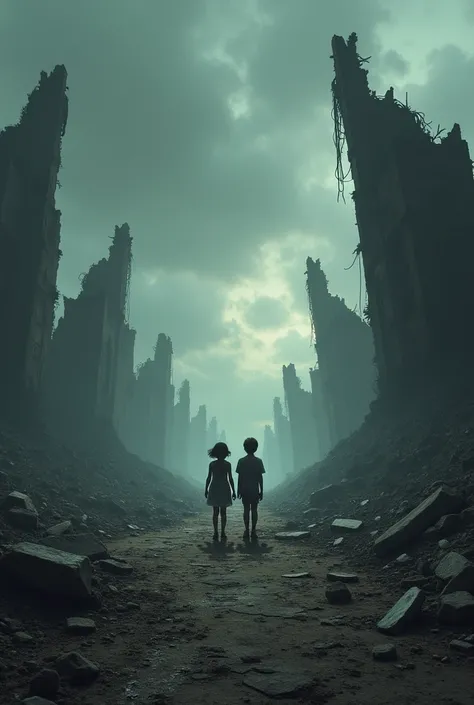 Create a image on a devastated earth, with broken buildings, barren landscapes, and dark skies. Two silhouettes stand amidst the rubble — a boy and a girl.