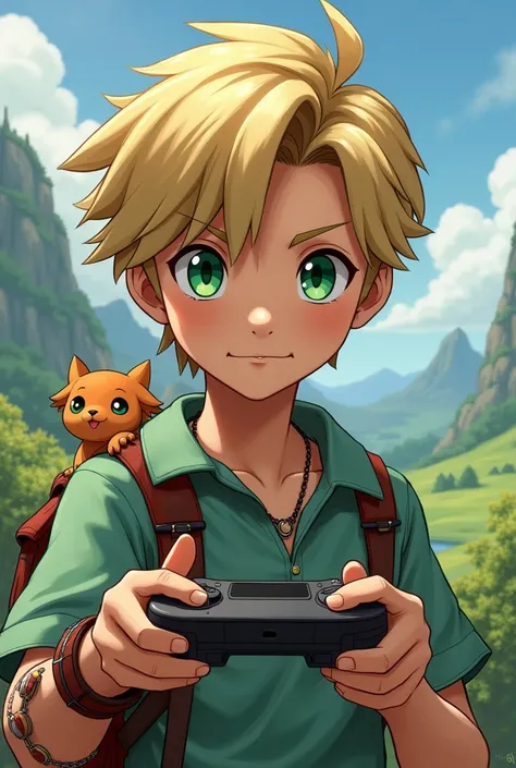 A blond boy, green eyes, with beard, gamer and pokemon style