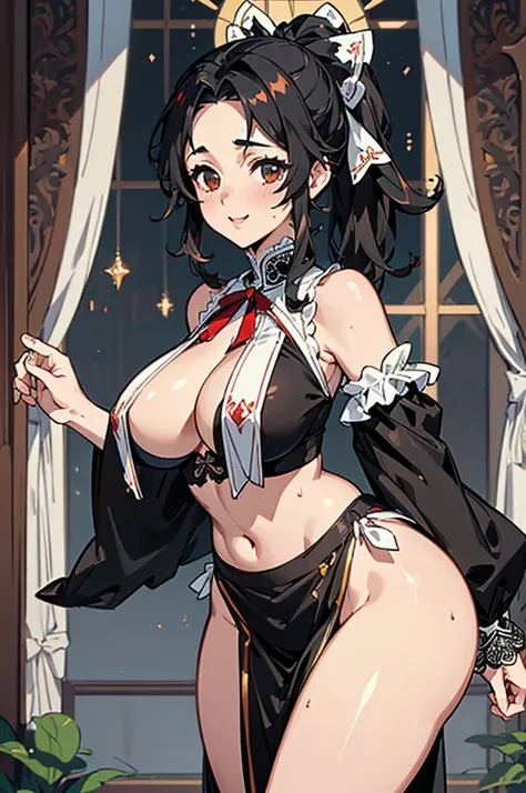 ((((High resolution, Intricate details, masterpiece, 8k, whole body)))), (((beautiful, Breast curtains, Pelvic Curtain, lace))), (One Woman, Black Hair, Standing, Red cheeks, smile, Big Breasts, Large Breasts, Huge Saggy Tits, Long Breasts, Cleavage, tits,...