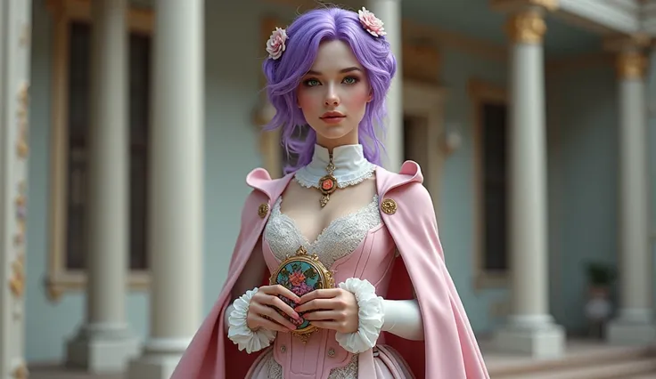 A photo of a 30-year-old woman, with a Victorian-steampunk style outfit. She wears a pastel-colored, elegant dress with a lace collar and a long pink cape. The dress has white collars and cuffs and is fastened with a brooch at the neck. The girl has purple...