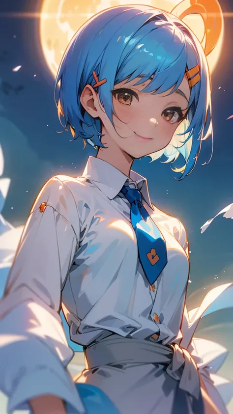 Young woman、Alone、A white and blue blouse shirt、Small breasts、Shiny light blue hair、Bob Hair、Tie your hair with an orange hair clip、Beautiful brown eyes、A gentle gaze、smile、Upper body close-up、Shrimp mascot、Delicate contours、Under the moonlight、Blur the ba...