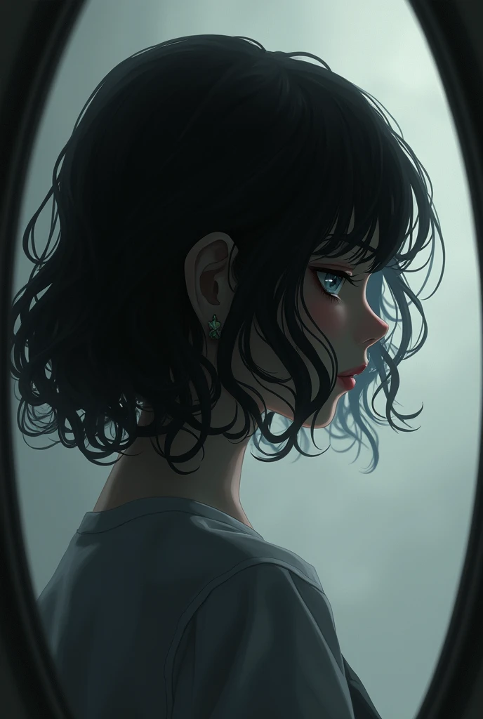 girl with wavy layered hair, 
shadow in a mirror in gray anime tones so that the face is not noticeable without bangs, just the profile, without a face, just the outline
