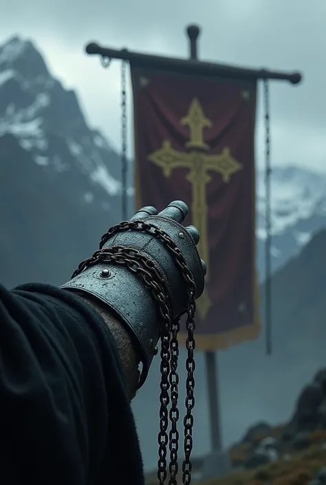 Symbol of a religious order of knights, dark fantasy, murky, Nordic, chains wrapped around the arm, banner with the symbol in the background