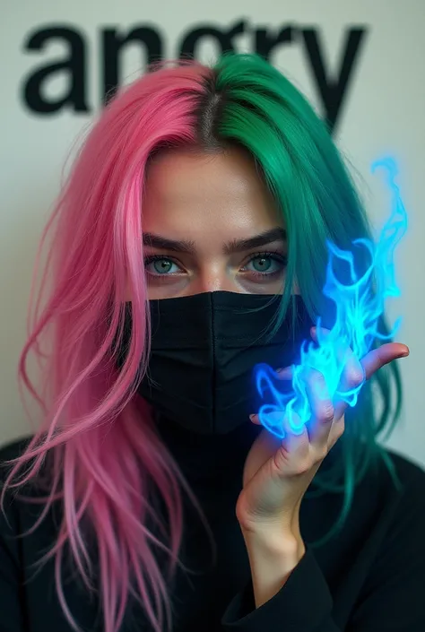 “One with long pink and green hair” and behind it on a wall is written, “angry” (and with a black mask, and on the side of the hand with a blue fire”