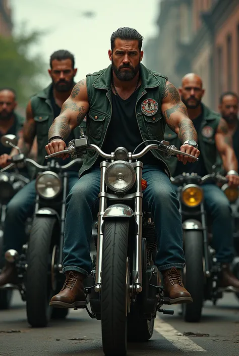 Chopper motorcycle club with 7 people in black and green vests
