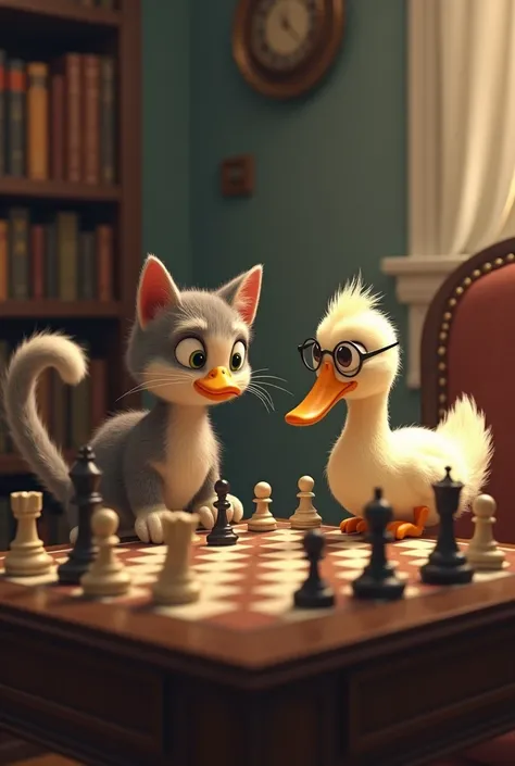 cat, playing chess with a duck