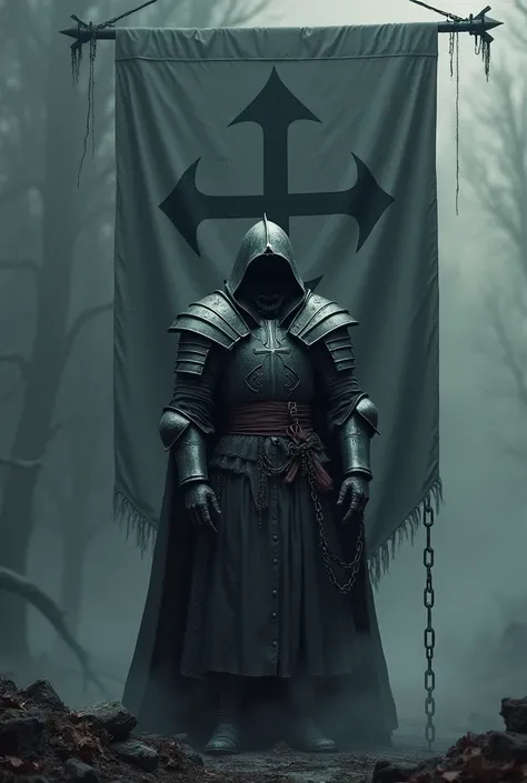 Symbol of a religious order of knights, dark fantasy, murky, Nordic, chains wrapped around the arm, banner with the dark symbol in the background