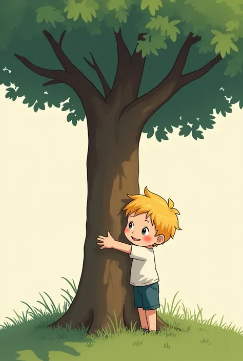 (Animerge flat-2D) A little blond boy hugging a tree 