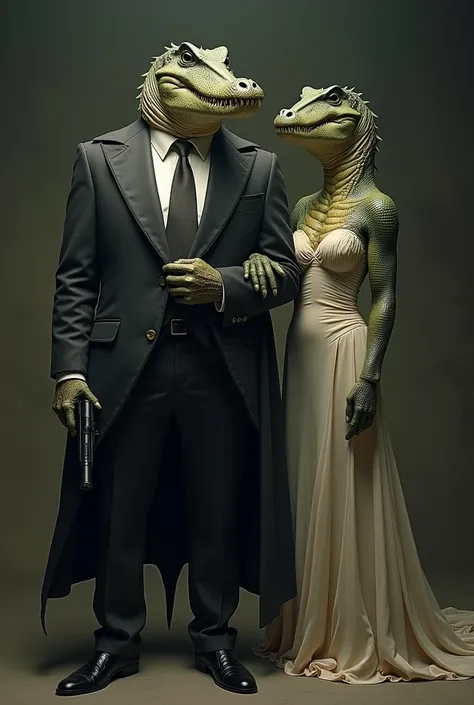 A crocodile in a suit holding a gun is seen with his dinosaur bride