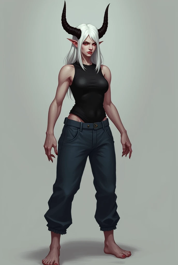 A white woman with wild white hair who has two horns on her head that form a crown with black and red eyes is dressed in a black sleeveless shirt along with dark blue pants. She is barefoot and has a wild appearance and has a predatory stance. 