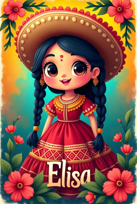 Mexican doll with charro braids with the name Elisa on a poster