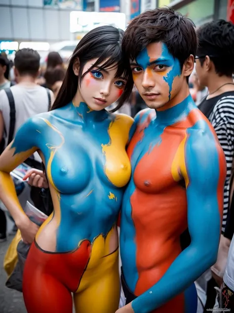 couple , euphoria , bold action , sloppy anime costume bodypaint , melting paint of bodypaint , in comicon