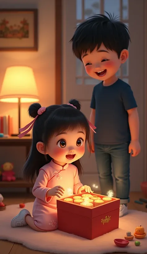 Setting: A cozy room in the evening, the soft light from the table lamp creates a relaxing atmosphere; On the table is a mooncake box with a glossy cellophane layer; The room is simply decorated with a few childrens toys and books.
Characters: A little gir...