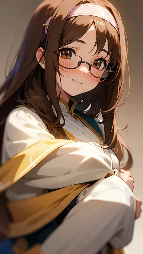 1girl, High Resolution, Masterpiece, long Hair, Brown Hair, Gradient Hair, Swept Bangs, Nose Blush, Light Smile, brown eyes, Simple background, eye glasses, Hairband, Anime, Anime Style, fantasy clothing, 