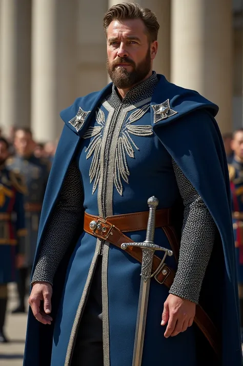 Royal Army Ceremonial Uniform. Blue tunic embroidered with a silver tower over the chain mail and navy blue cloak worn by high-ranking soldiers. The long sword in his hands was attached to his belt and he also wore a silver brooch bearing a silver tower.