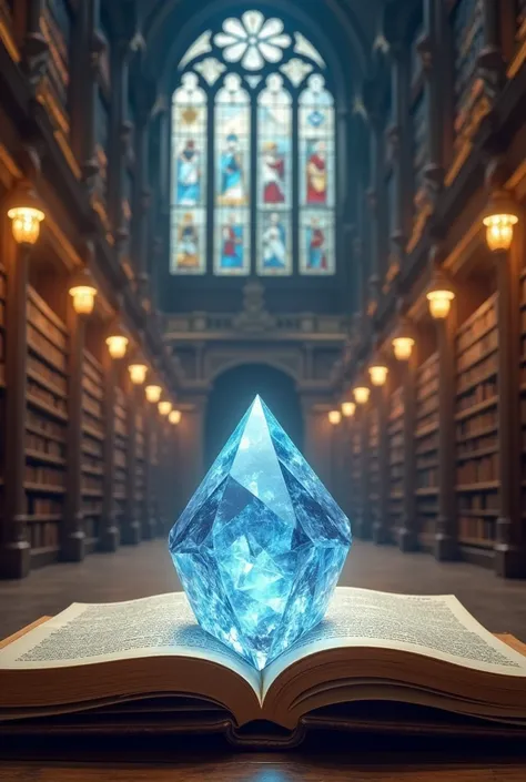 Picture several beautiful books in a large, illuminated library, I want the books open and one in the center with the figure of a crystal printed on the page