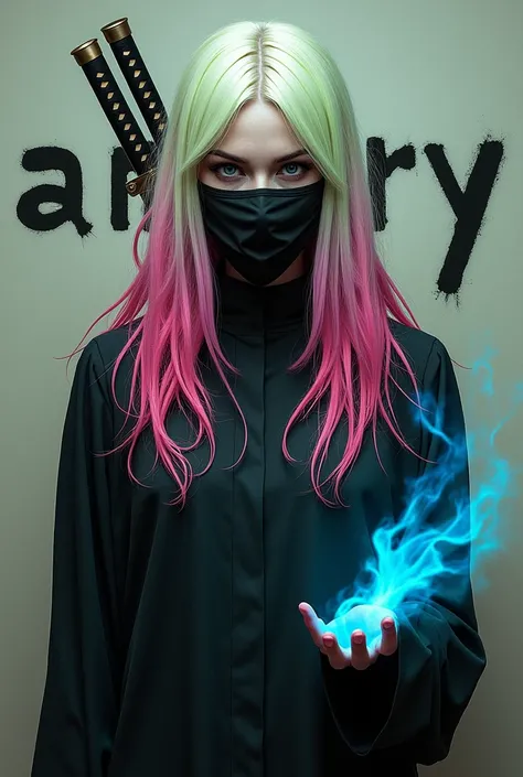 “One with long pink and green hair” and behind it on a wall is written, “angry” (and with a black mask, and on the side of the hand with a blue fire”” and with a fringe” “with a katana on the back”