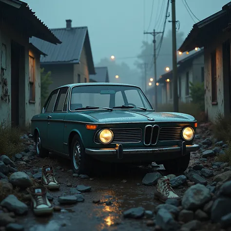 Old bmw with more sneakers, among the wreckage of houses in the rainy night weather 