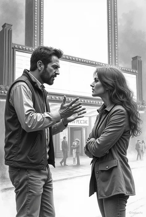  Create An illustration image with pencil work  a man and a woman are standing, and both are arguing, and next to them is a movie theater where the poster space is empty.