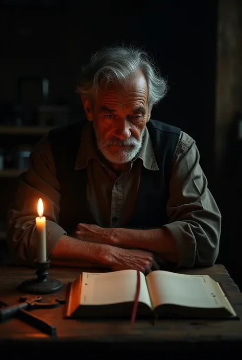 A photo of my dad with a candle next to him on a dark background, an open notebook and a tool 