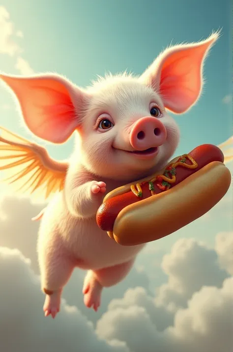 A flying pig, while eating a hot dog 