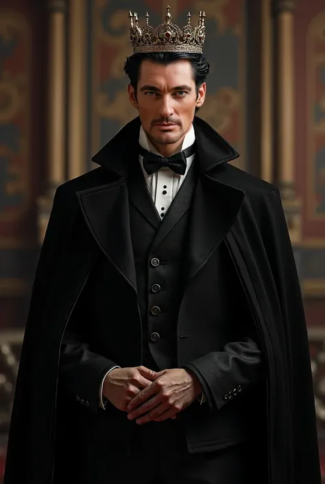 ((Inspire-se em David Gandy)) A handsome and dashing man, with adult masculine features, black eyes and short black hair. She is facing, stopped, in the black robes of an evil Victorian King and a king&#39;s crown. ULTRA resolution, high details, better im...