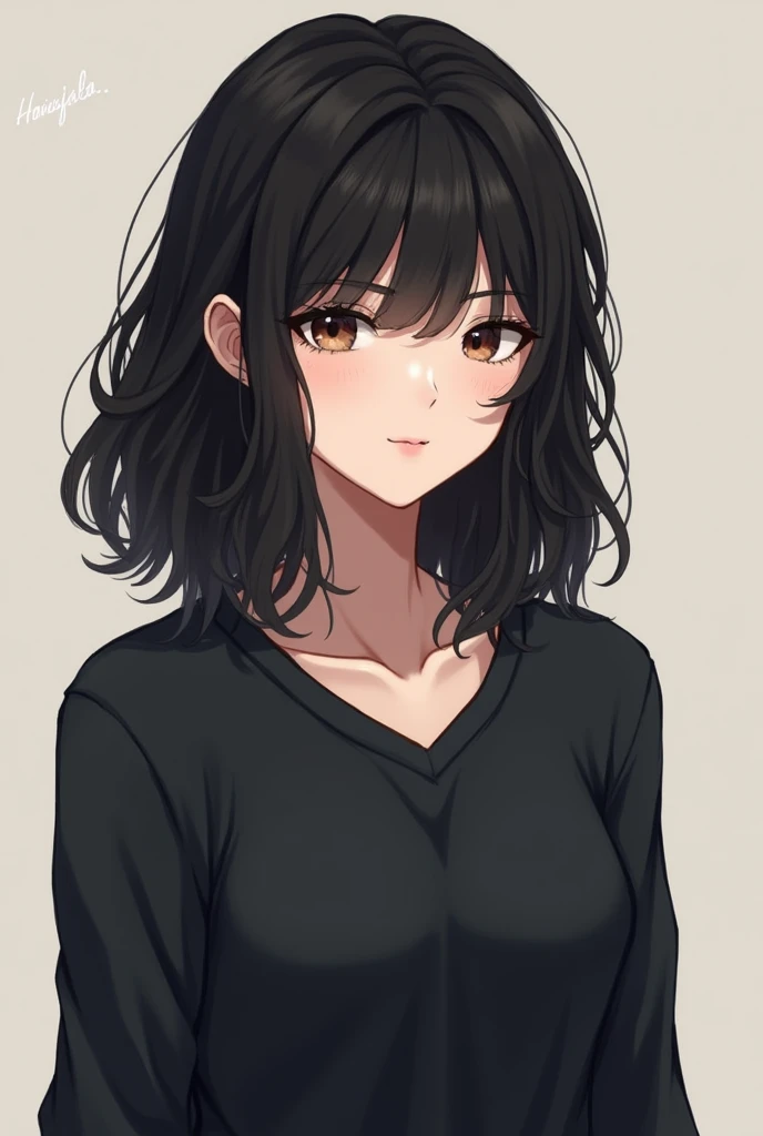 Not so dark girl with not so short black hair, medium wavy in layers and wearing black clothes without bangs 