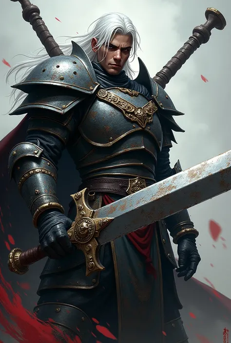 Crie para mim um personagem de rpg de mesa com uma greatsword, a scar on the left eye from top to bottom, black eyes, white hair, black skin and Guts style armor from Berserk with anime features