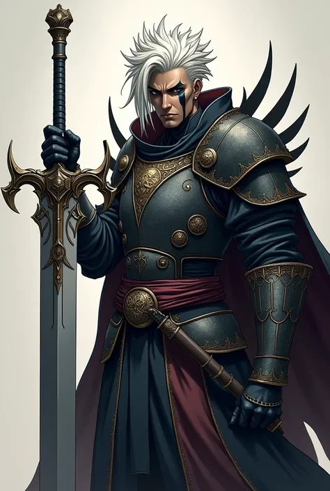 Crie para mim um personagem de rpg de mesa com uma greatsword, a scar on the left eye from top to bottom, black eyes, white hair, black skin and Guts style armor from Berserk with anime features