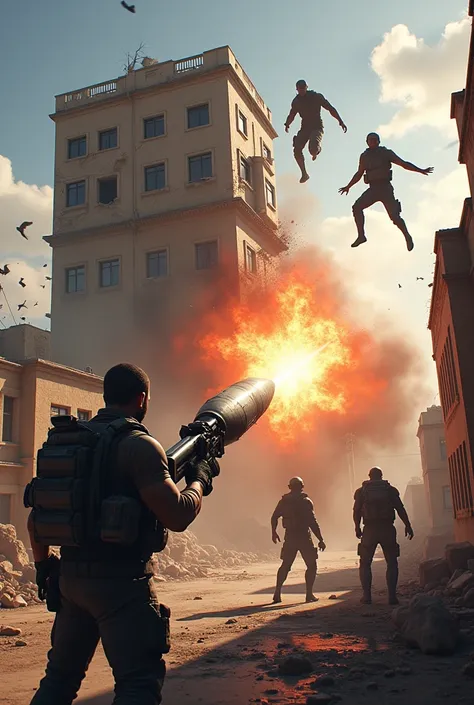 "An intense in-game action scene where a player is firing a missile launcher at a 3-story building. The missile has hit the structure, causing the building to crumble and break apart. Three enemies are behind the wall; two of them are leaping off the build...