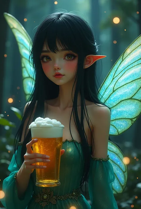 Photo realism of a drunk fairy blushing holding a beer wearing a shining and shimmering greenish to blue outfit (not sexy nor showing cleavage). Her wings is shining and shimmering blue to purple, floor length black hair with curtain bangs. On a forest wit...