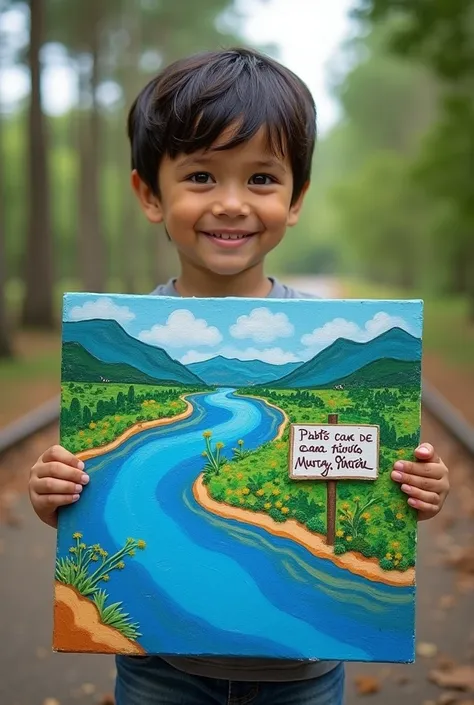 A child holding a painting with the Madre de Dios and Beni Rivers drawn on it, Also, it has a sign that says "take care of the water" in Spanish