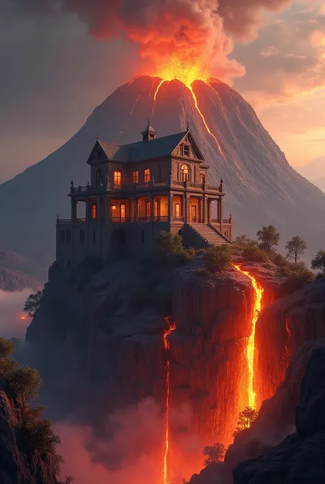 A house on top of a flaming mountain