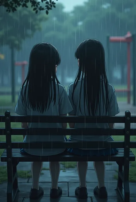 Junior high school girls sit on a park bench, The background is blurred and there are playground equipment., it&#39;s raining, Wet Hair