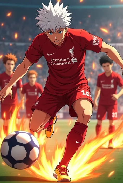 Create an animation of Gojo from anime jujutsu kaisen wearing nike liverpool tshirt playing football with fire. Put all jujutsu kaisen character in the background wearing nike liverpool tshirt.