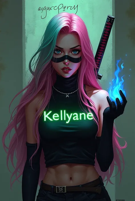 “One with long pink and green hair” and behind it on a wall is written, “angry” (and with a black mask, and on the side of the hand with a blue fire”” and with a fringe” “with a katana on the back” “and on her chest it says “Kellyane in bright letters”