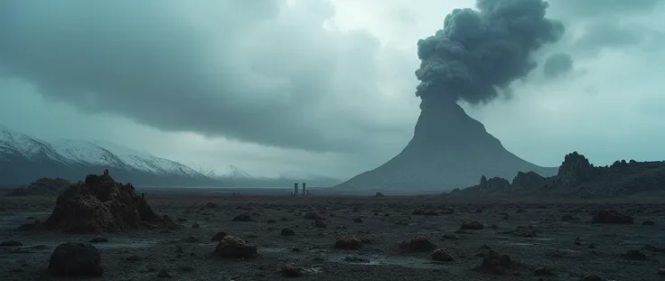 (Photorealistic photo:1.5) of a vast, open volcanic, desolated, Icelandic landscape under moody, overcast sky with dark threatening storm clouds. The terrain is rugged and barren, displaying dry scorched earth, cracks and a couple of burned out, isolated, ...