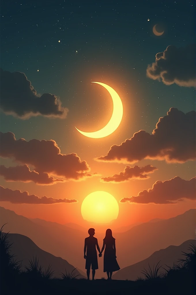 Generate an image of Generate an image of  a divided horizon—on one side, a crescent moon rising in a deep twilight sky (symbolizing a Muslim background), while on the other, a bright golden sun begins to rise (representing a Christian background). The sky...