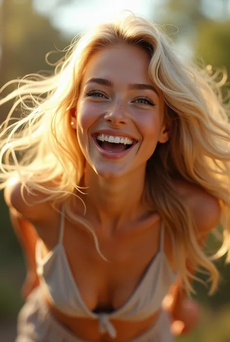 A blonde women really excited.  but happy realistic 