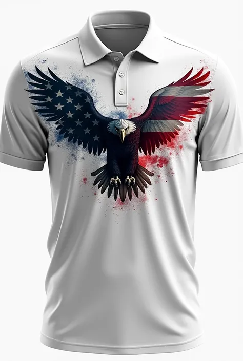 Can you make me a white sports polo shirt and you can add a United States flag to that polo shirt and make it dark in color? The flag can be in another position. The flag can be bigger and in another position. You can add an eagle to the chest. , It may be...