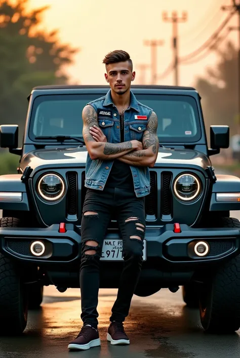 Prompt.
masterpiece, above, very realistic, very detailed, original photo, Best Quality, a very handsome Korean man, standing leaning in front of a matt black hardtop jeep with one elbow resting on the front of the car facing forward, over a river track wi...