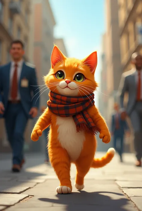 
"Le chat orange est libéré du tribunal, le juge souriant avec satisfaction. Le chat marche fièrement dans la rue, portant une écharpe qui symbolise sa nouvelle vie honnête. Son regard est plus sage et apaisé, prêt à vivre selon la loi."