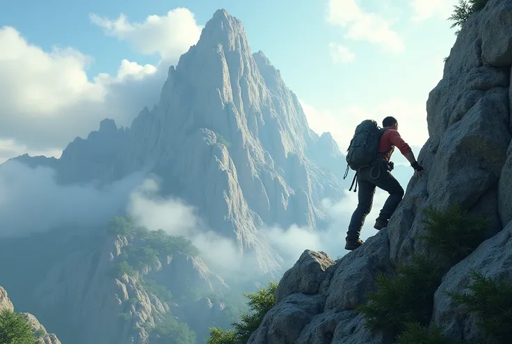 A climber is climbing a limestone mountain in a shady morning.