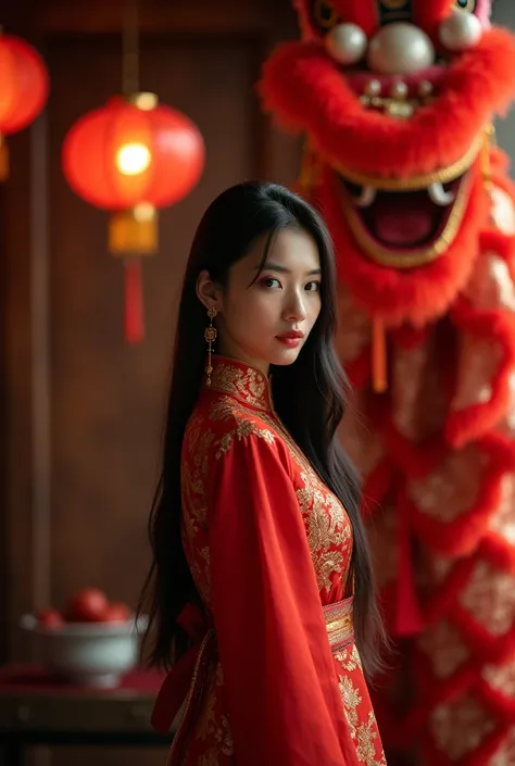 A young Asian woman with long dark hair stands gracefully dressed in a red gold Chinese traditional , medium shot ,
background is darkroom,
blurry foreground, red Chinese lanterns foreground ,
and a large, detailed lion dance costume stands beside her. cre...