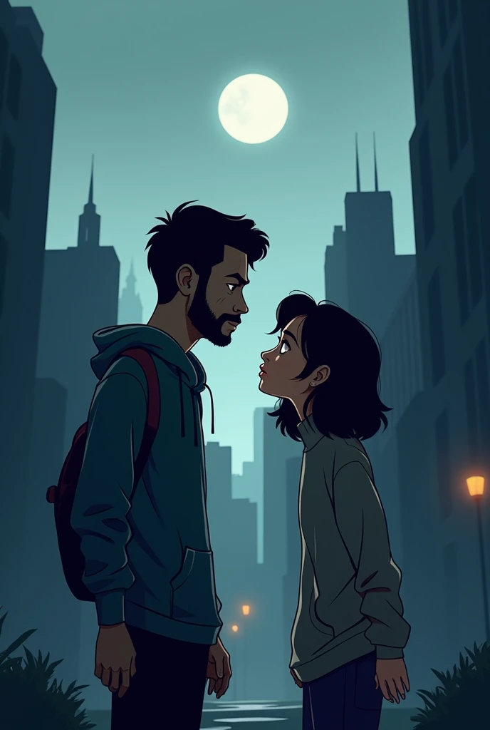 A cartoon trap style music cover, make a heartbroken man stand by a woman, in the background a city