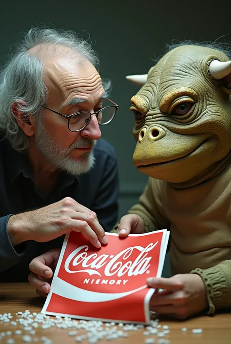 3 people: 1 Autistic person with glasses, gray hair and a beard, a second person with a cow&#39;s head, a little overweight, and the third, Jabba the Hutt from Star Wars with a woman&#39;s wig, the 3 massaging a sheet of paper with a Coca-Cola label.